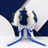 Elegant Blue & White Foam Rose Bridal Bouquet with Lace Trim Satin Bow and Pearl Handle for Wedding Ceremony