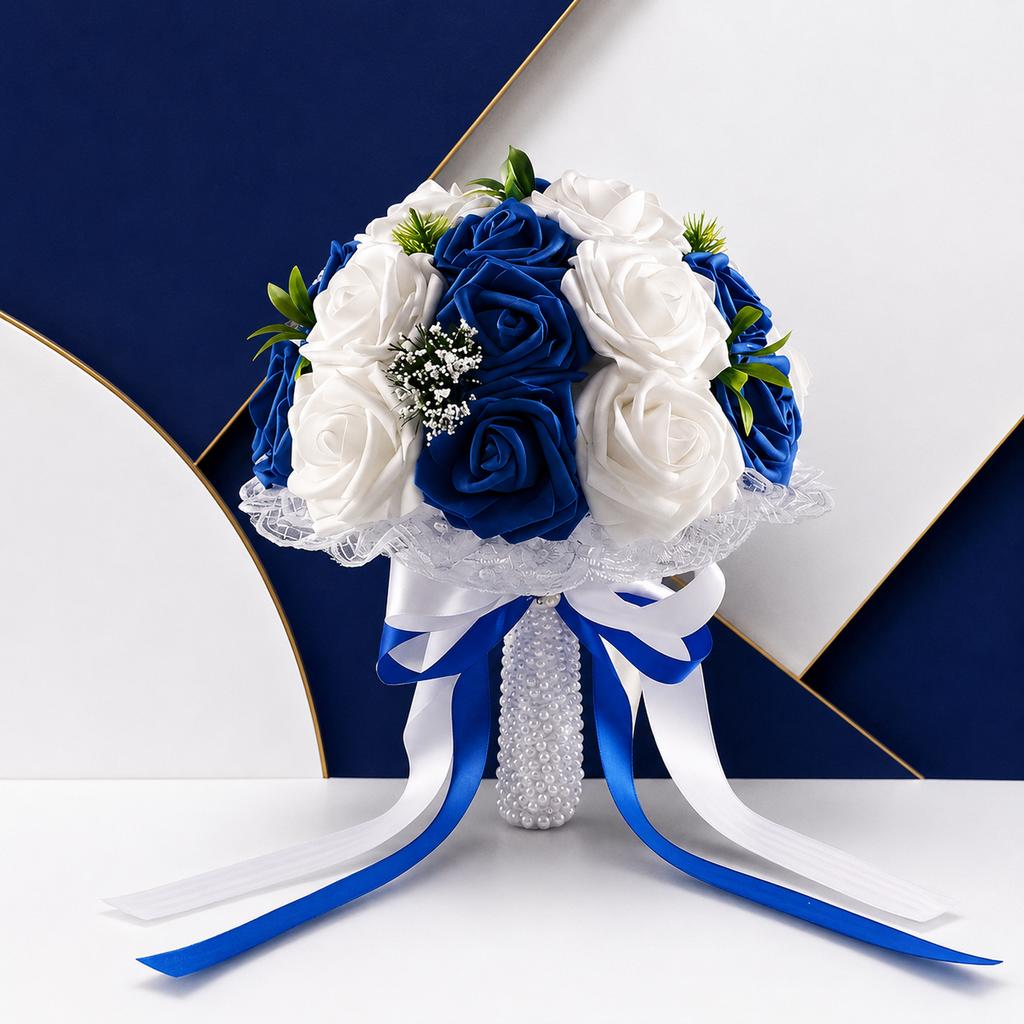 Elegant Blue & White Foam Rose Bridal Bouquet with Lace Trim Satin Bow and Pearl Handle for Wedding Ceremony