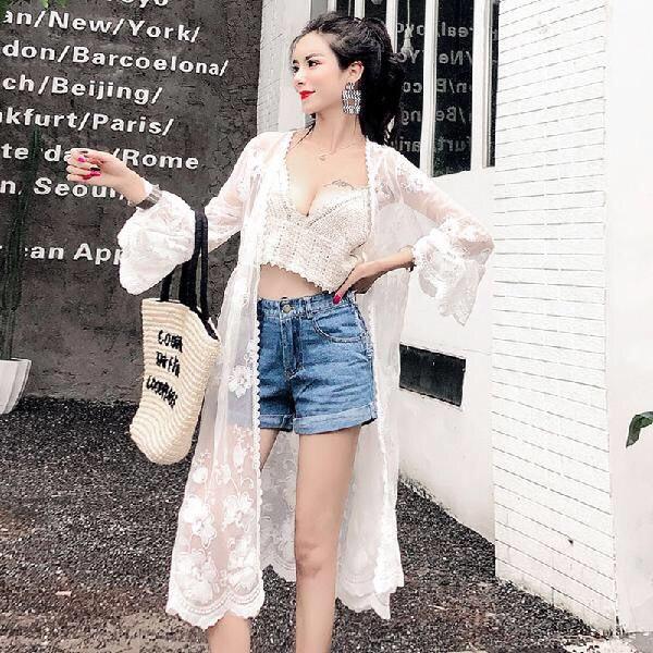 Lace Summer Thin Gauze Bell Sleeve Shawl - Loose Mid-Length Women's Sun Protection Cardigan