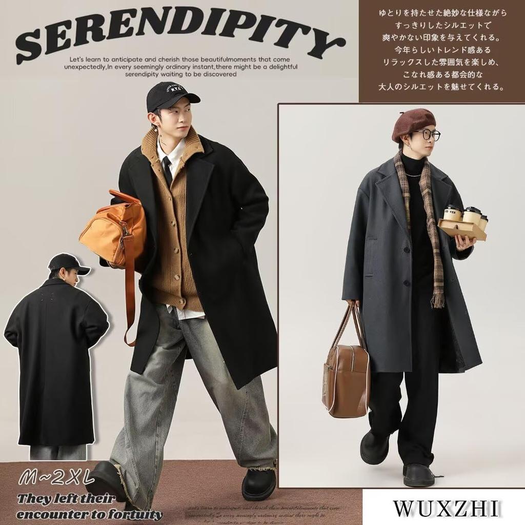 WUXZHI Chesterfield Trench Long Business Casual Long Cold Black Fashionable Men's Coat, Coat, Jacket, Autumn/Winter/Spring Outerwear, Windproof,