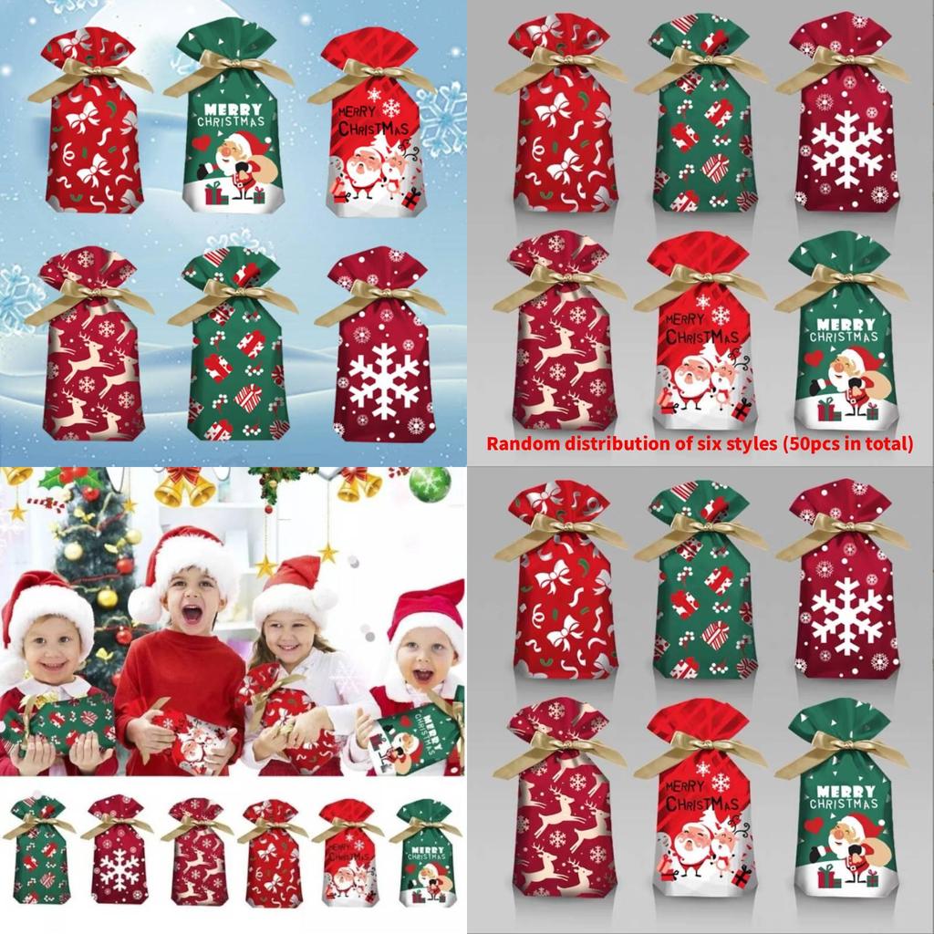 Christmas Gift Bag With Drawstring Ribbon Santa Print For Holiday Packaging