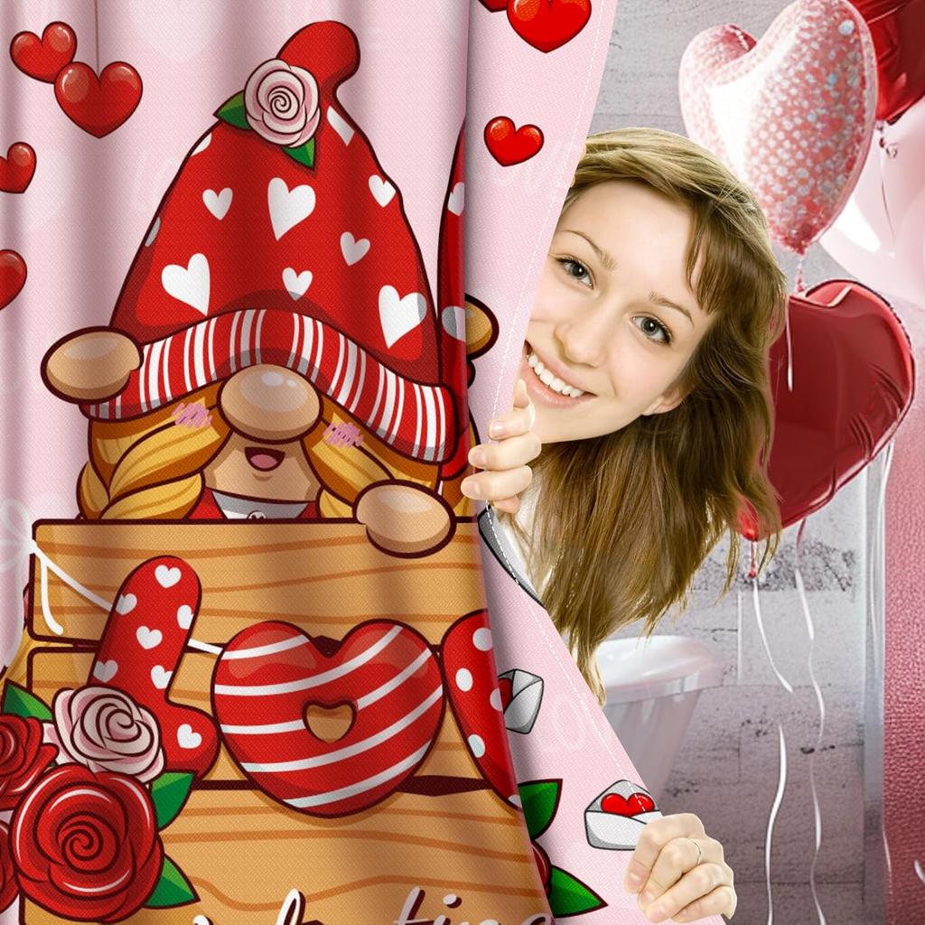 Nidoul Valentines Day Shower Curtain Gnome Valentine's Day Shower Curtain for Bathroom Valentine Romantic Red Heart Aesthetic Fabric Waterproof Cute