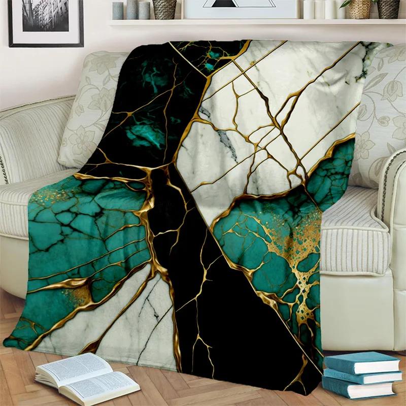 3D Lüks Renk Mavi Yeşil Altın Mermer Desen Battaniye, Ev Yatak Odası Yatak Kanepe Seyahat Kapak Battaniye Çocuk için Yumuşak Atmak Battaniye
