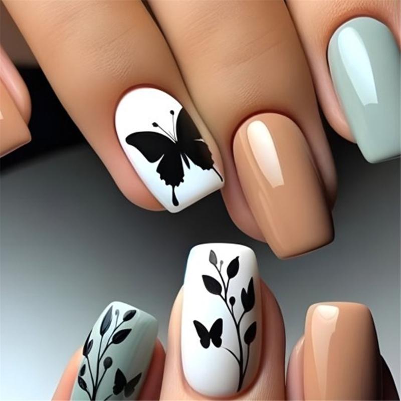 

Press on Nail Short Square Fake Nail French Full Cover Acrylic False Nail Leaves Design Fake Nail for Women and Girls 1