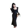 French Neck Long-sleeved Dress Women's Autumn Temperament Pure Desire Sexy Hot Girl Waist Slim Hip Fish Tail Long Skirt