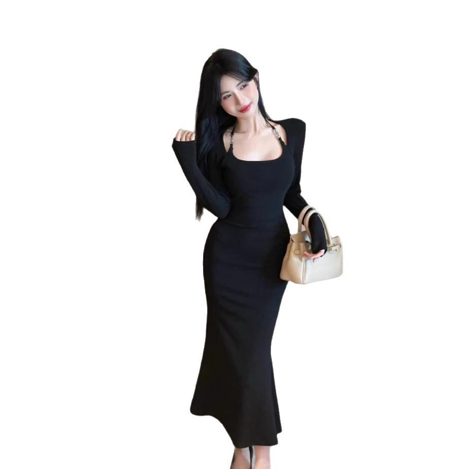 French Neck Long-sleeved Dress Women's Autumn Temperament Pure Desire Sexy Hot Girl Waist Slim Hip Fish Tail Long Skirt