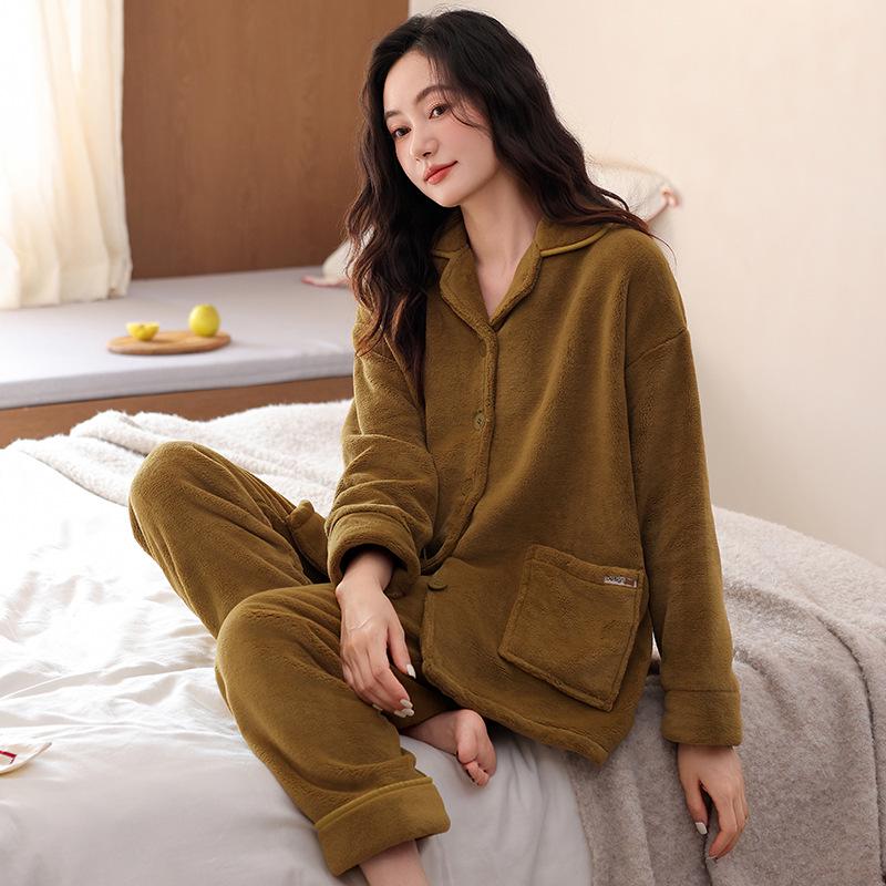 Women's Winter Flannel Pajama Set - Lapel Collar, Long Sleeve, Long Pants, Casual, Warm, For Home or Outings