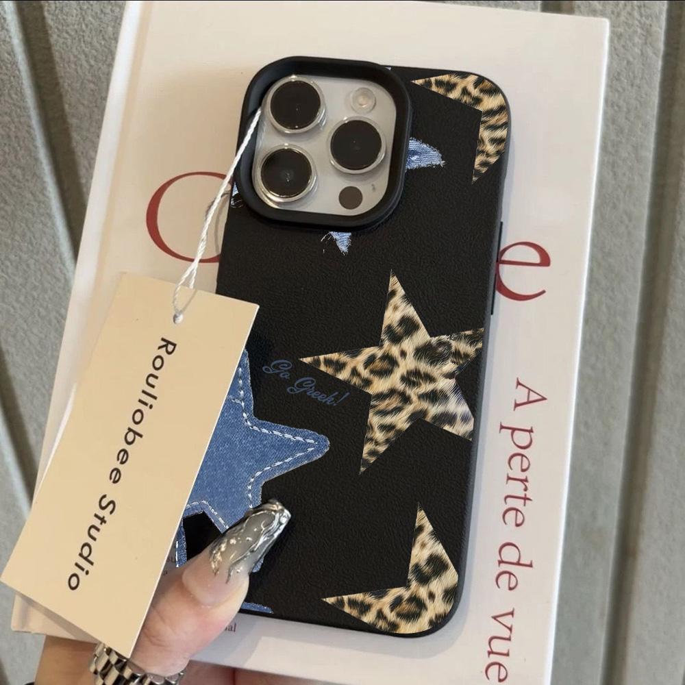 HOT Trendy Leopard Print Stars Lichee Leather Pattern Phone Case For iPhone 17 16e 16 15 14 13 12 11 Air Pro Max Plus X XR XSMax