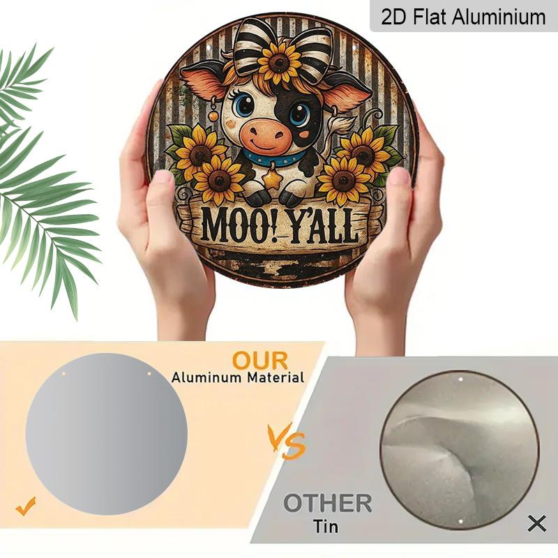 2D Flat 1pc, 8x8 in, Aluminum Metal Sign Printed Artwork Featuring A Cute Little Cow and Sunflower, Perfect for Decorating Homes, Cafes, or Cottages