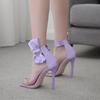 Lila Sexy Sandalen für Damen Offene Zehenpartie Quadratische Spitze Süß Strassstein Seiden-Schleife Reißverschluss-Abdeckung Ferse Dünne Hohe Absätze Schuhe Damen