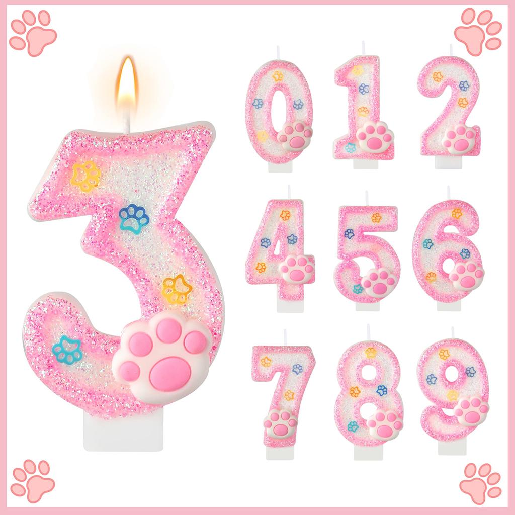 Dog and Cat 3rd Birthday Candle Paw Cake Topper Cupcake Decorations for Pet Theme Party Decor Anniversary Celebrations Supplies