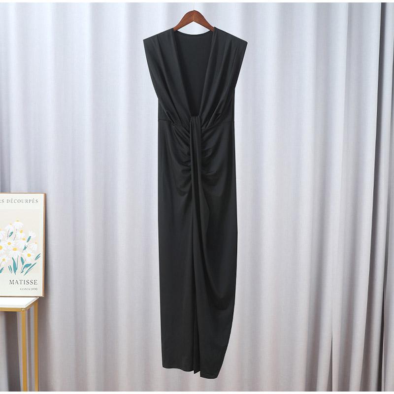 

Жіноча сексуальна плісирована сукня з розрізом із глибоким V-подібним вирізом, елегантна однотонна сукня без рукавів, стегна, китиці, довгі халати, шикарні жіночі туфлі для вечірок M чорний