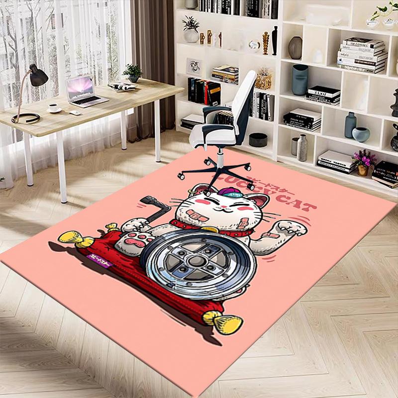 1pc LUCKY CAT Home Office, Durable Polyester Floor Mat with Easy, Office Decor, Urban Style, Nonslip Backing