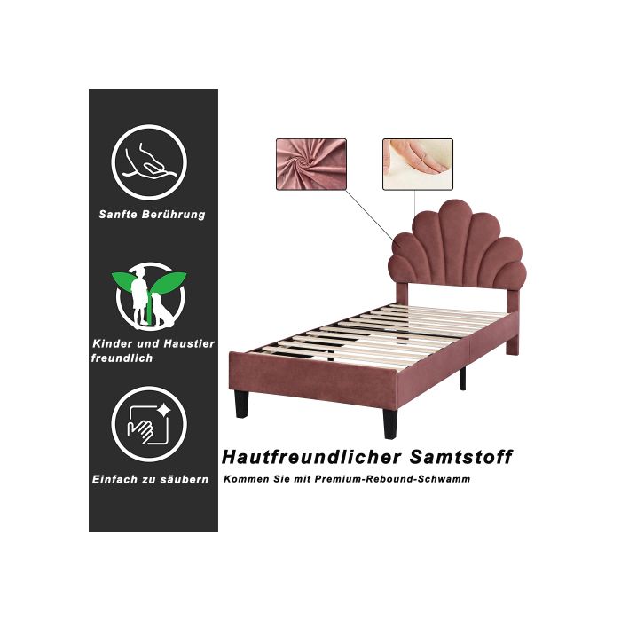 Lit d'enfant - MUVOE - 90x200cm - Tête de lit fleur - Velours rouge haricot - Montage facile