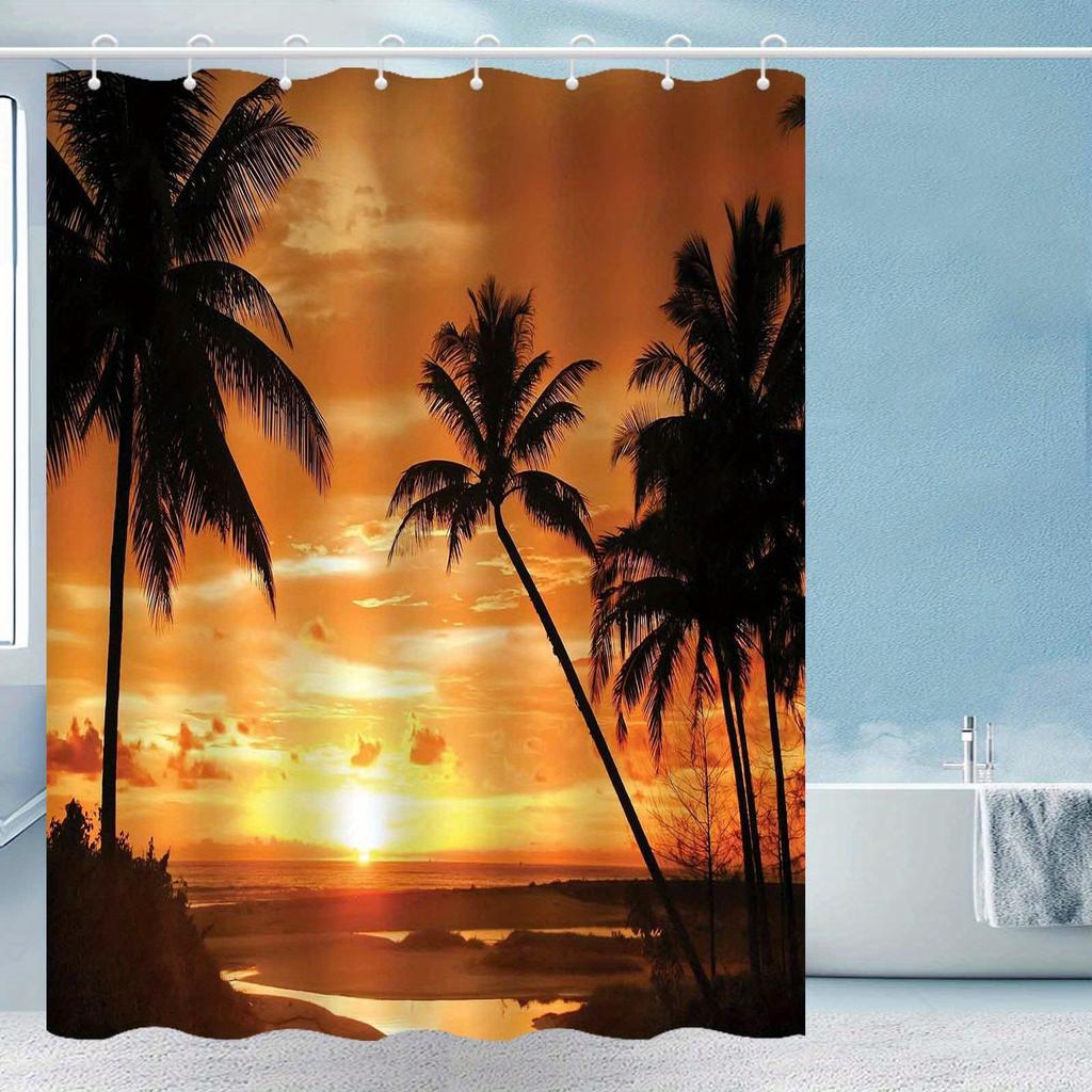 1Pc Sunset Beach Palm Tree Shower Curtain, Elegant Polyester Bath Curtain With Tropical Beach Scene, Machine Washable, Decorativ