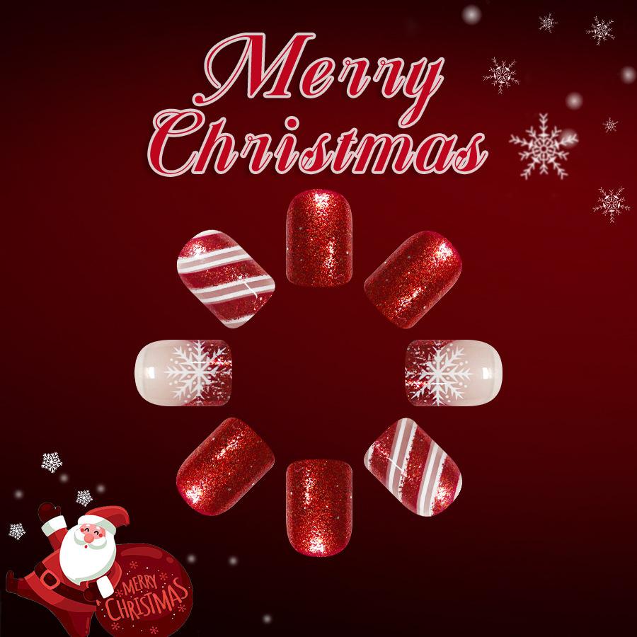 24Pcs Short Square Glossy Press On Nails 2026 New Christmas Red French Glitter Snowflake Stripe Fake Nails
