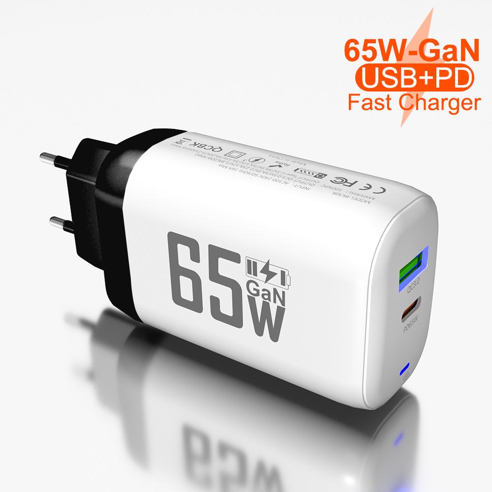 QC 3.0 65W PD GaN Fast Charger with EU/US Specs for Laptops, USB-C, 9V/12V Charging