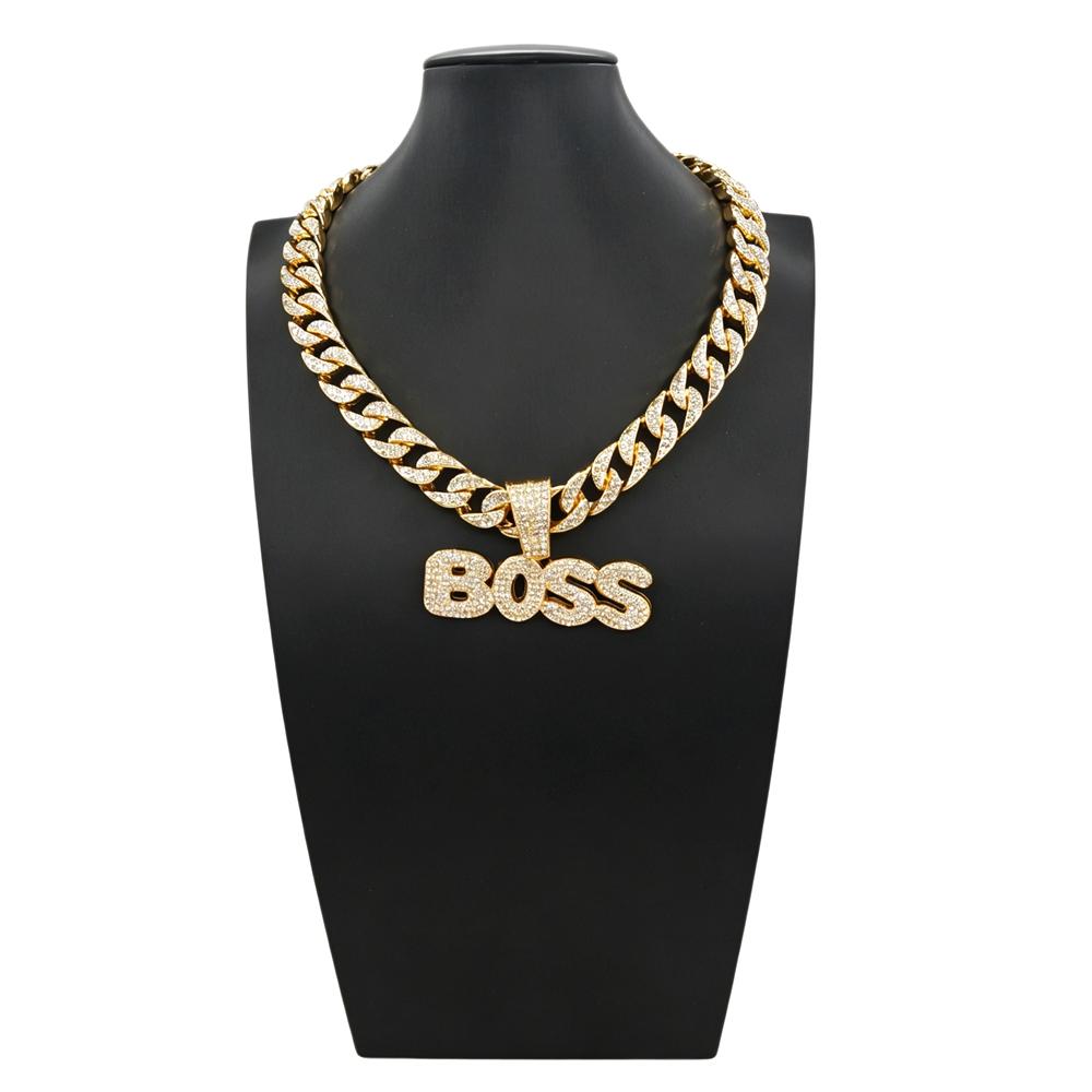Zhuerrui Hop Bling BOSS Letter Pendant Necklace Full Iced Out CZ Diamond Cuban Link Chain for Men Rapper Jewelry Gift B2400310