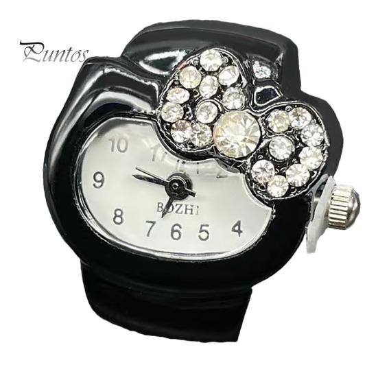 Cat Shape Ring Watch Cartoon Finger Rhinestone Bowknot Elastic Stainless Steel Band Women Birthday Gift Fashion Accessories