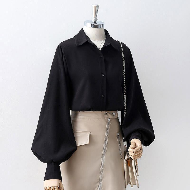 Korean Style Shirts Women Lantern Sleeve Loose Turn-down Collar Simple Solid Feminino Blouses Autumn All-match Fashion Plus Size