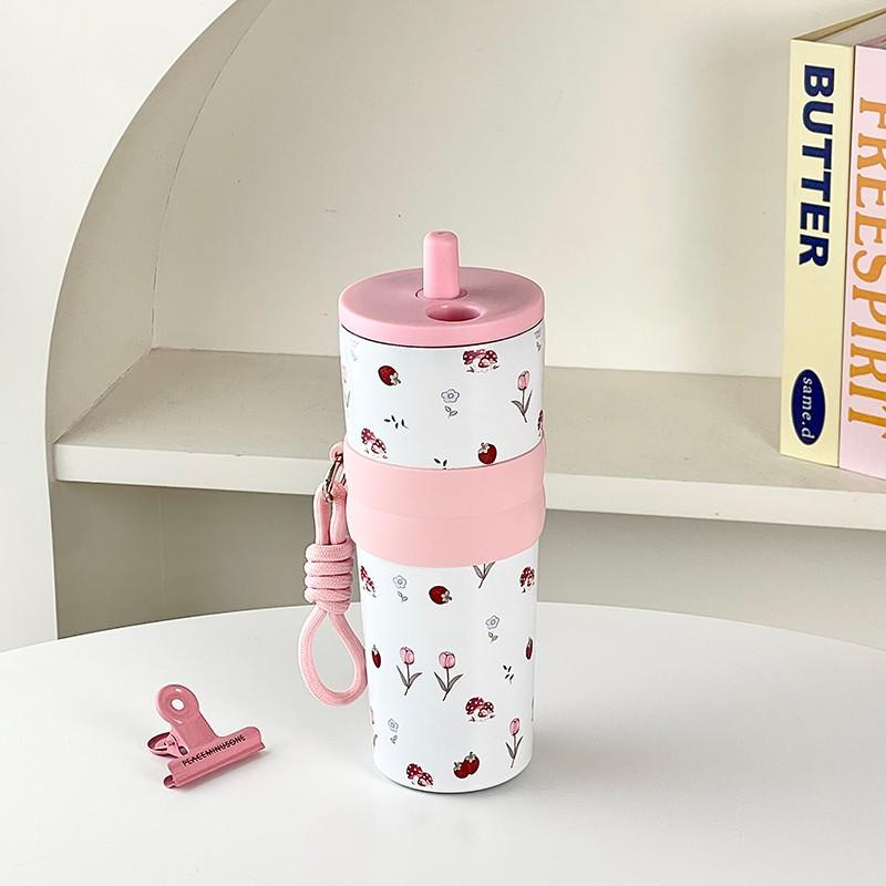 Entzückende Cartoon-Thermoskanne mit großem Fassungsvermögen und Strohhalm für Mädchen