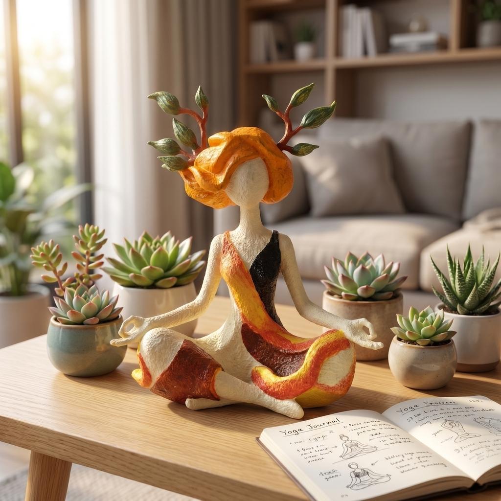 Resin Yoga Girl Figurine Decorative Statue Sitting Meditative Pose with Leaf Branch Hair Design for Home Office Desk Ornament