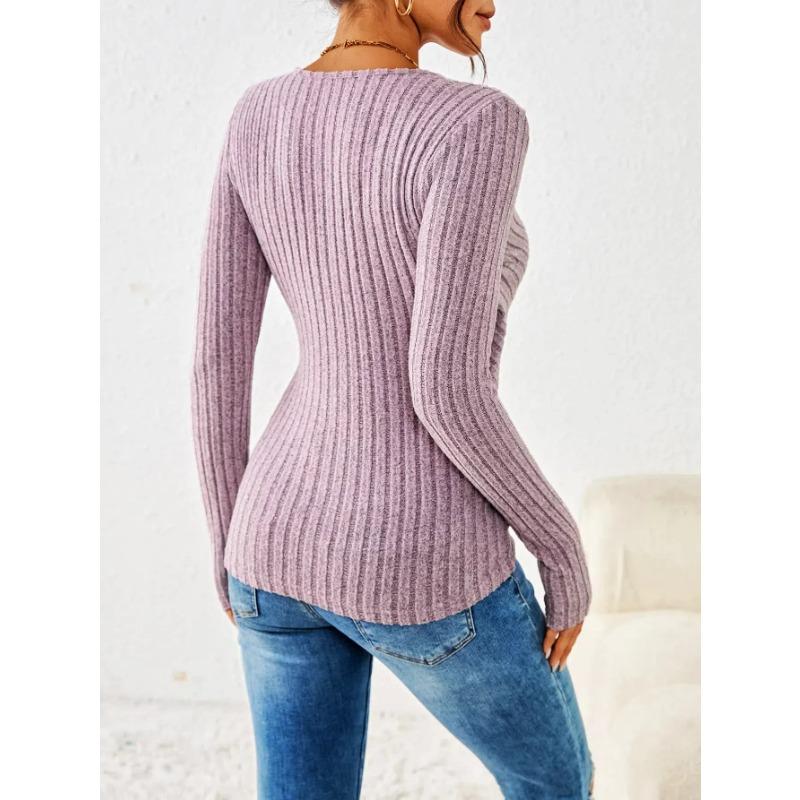 Damen Neue Frühling und Herbst Neue Einfarbige V-Ausschnitt Lässige Langarmtops