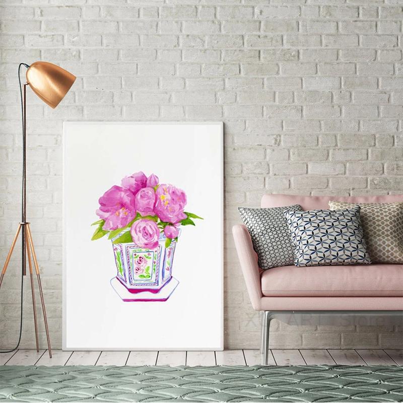 Chinese Wind Porcelain Watercolor Printing Ginger Jar Vase Plant Poster Antique Blue and White Porcelain Canvas Painting Decor