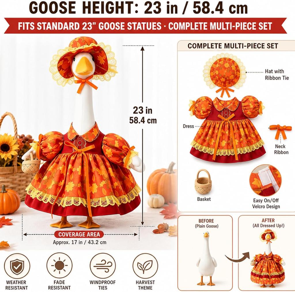 Fall Scarecrow Goose Outfit for 23 Inch Lawn Statue: Autumn Porch Decor with Straw Hat Shirt Pants - Seasonal Yard Decoration Accessories