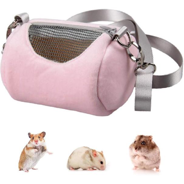 Dwarf Hamster Carrier Bag Portable Cylinder Warm Outdoor Bag with Adjustable Single Shoulder Strap (Pink)