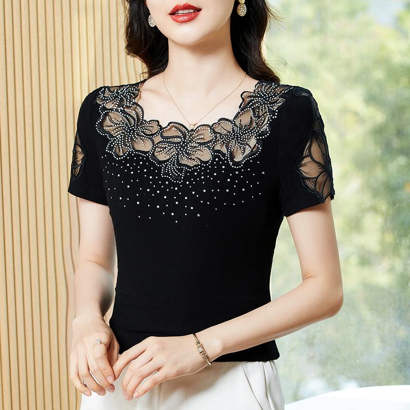 S-4XL Summer Short Sleeved O-Neck Women's T-Shirt Elegant Slim Sexy Hollow Out Drilling Mesh Lace Tops Blusas