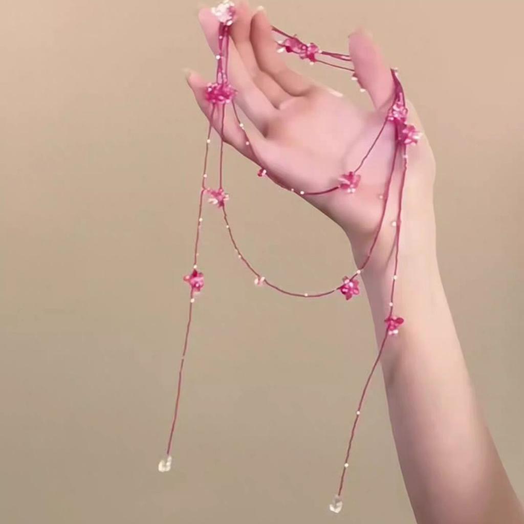 "Spring Cherry Sweet Dream" Sweet Rose Pink Flower Bead String Necklace Super Immortal Delicate White Multi-layer Stacked Clavicle Chain