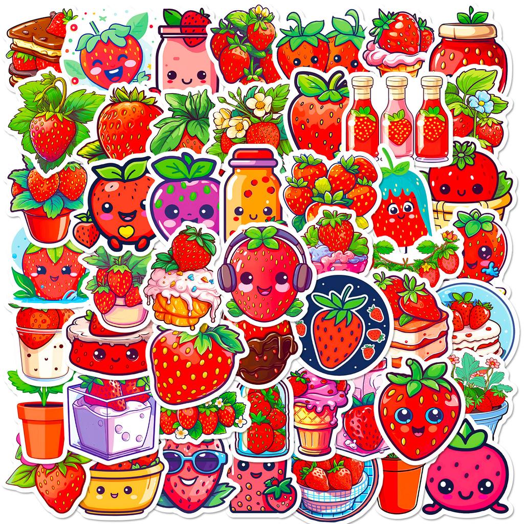 50 Red Heart Strawberry Stickers Girl Heart Cute Strawberry Dessert Personality Cartoon Fruit Stickers