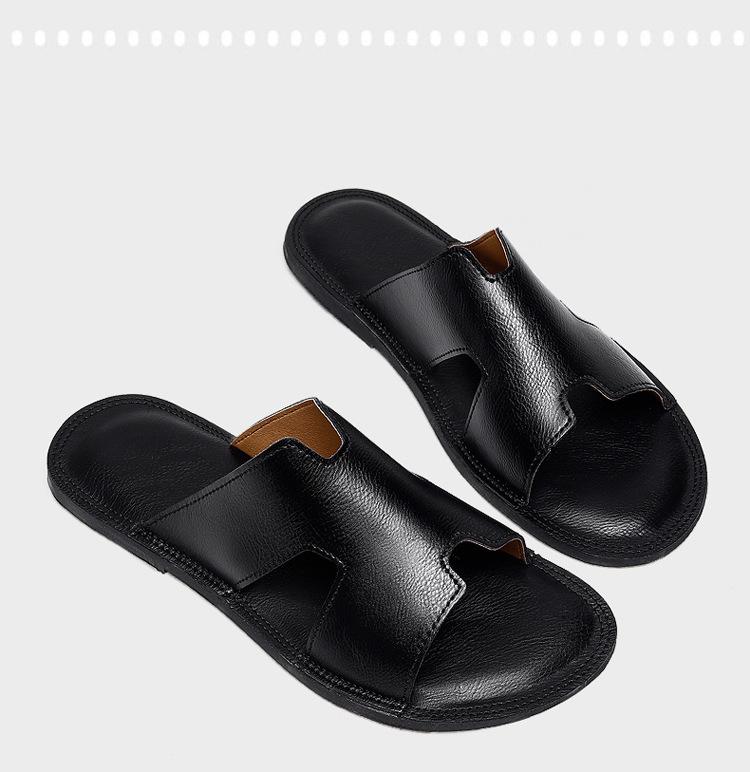 Men's Genuine Leather Cross Strap Slip-on Slippers, Size 46-47, Non-slip Outdoor Beach Flip Flops