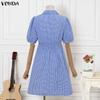 VONDA Summer Women Turn Down Collar Short Sleeve Plaid Back Elastic Casual Ruffled Mini Dress