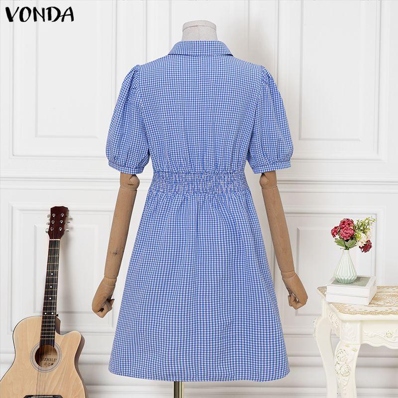 VONDA Summer Women Turn Down Collar Short Sleeve Plaid Back Elastic Casual Ruffled Mini Dress
