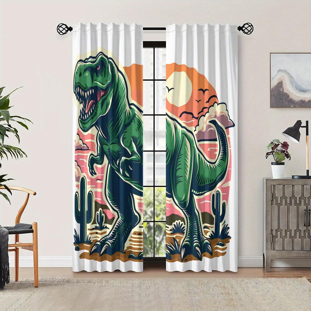 2pcs Vintage Tyrannosaurus Rex Dinosaur Curtain - Blackout, Rod Pocket, Machine Washable Polyester, 100-120gsm, Creative Desi