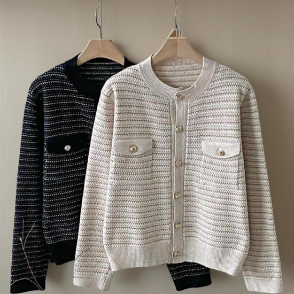 New Arrivals Open Run Women Viscose Gold Button 2 Pockets Stripe Knit Cardigan