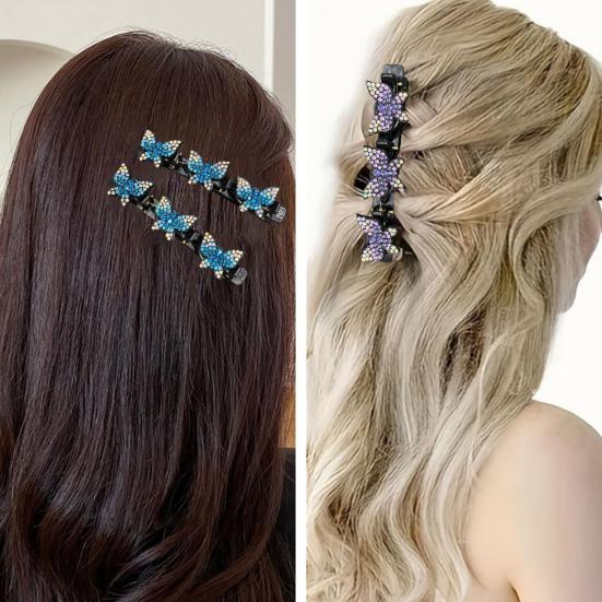 4/6Pcs Faux Crystal Stone Braided Hair Clips Girls Rhinestone Butterflies Decor Hair Braid Clips Shiny