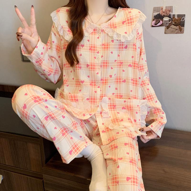 Pajamas Women'S Spring And Autumn Cute Doll Collar Girl Suit Can Wear Cloud Cotton Long-Sleeved Loungewear