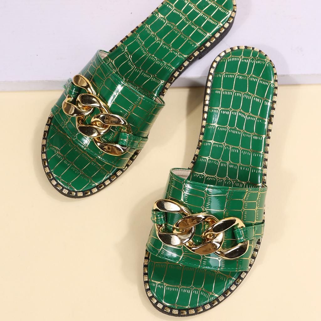 Women Slippers Fashion Sexy Chain Lock Solid Color Plus Size Sandals New Style Roman Style Flat Slippers Outdoor Slides Women