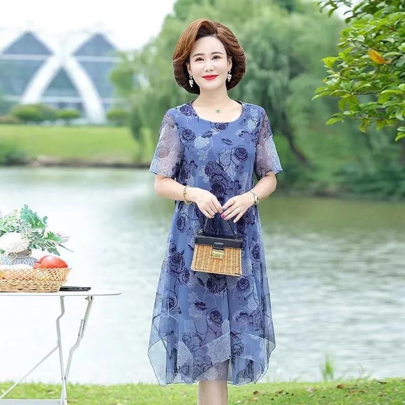 Women Summer Casual Dress Ladies Middle-aged Print Short Sleeve Pleated Dresses Female Vintage Mesh Yarn Floral Dress Vestidos