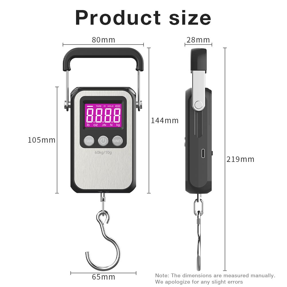 Handheld Mini Electronic Rechargeable Weighting Scale Fishing Travel Luggage Scale 60Kg/10g LCD Digital Display Hanging Scale