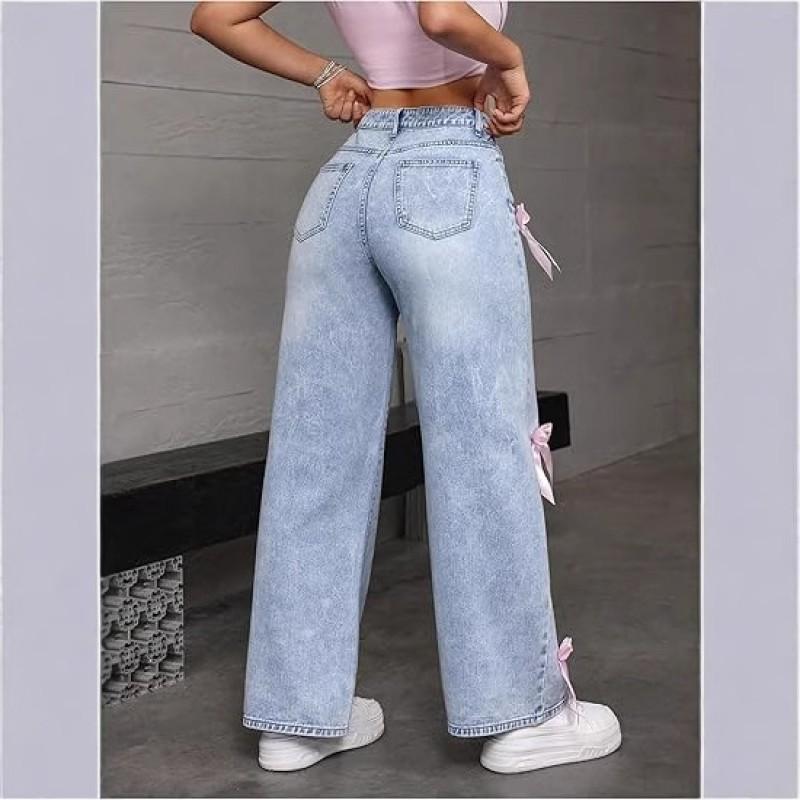 Y2K Streetwear Butterfly Knot Patchwork Washed Denim Jeans Loose Straight Leg Wide Fit Womens Pants