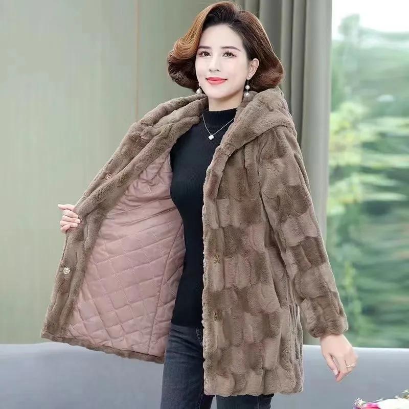 Mother's Winter Mink Imitation Leather Winter Coat Middle-aged and Elderly Women's Hooded Thick Loose Coat