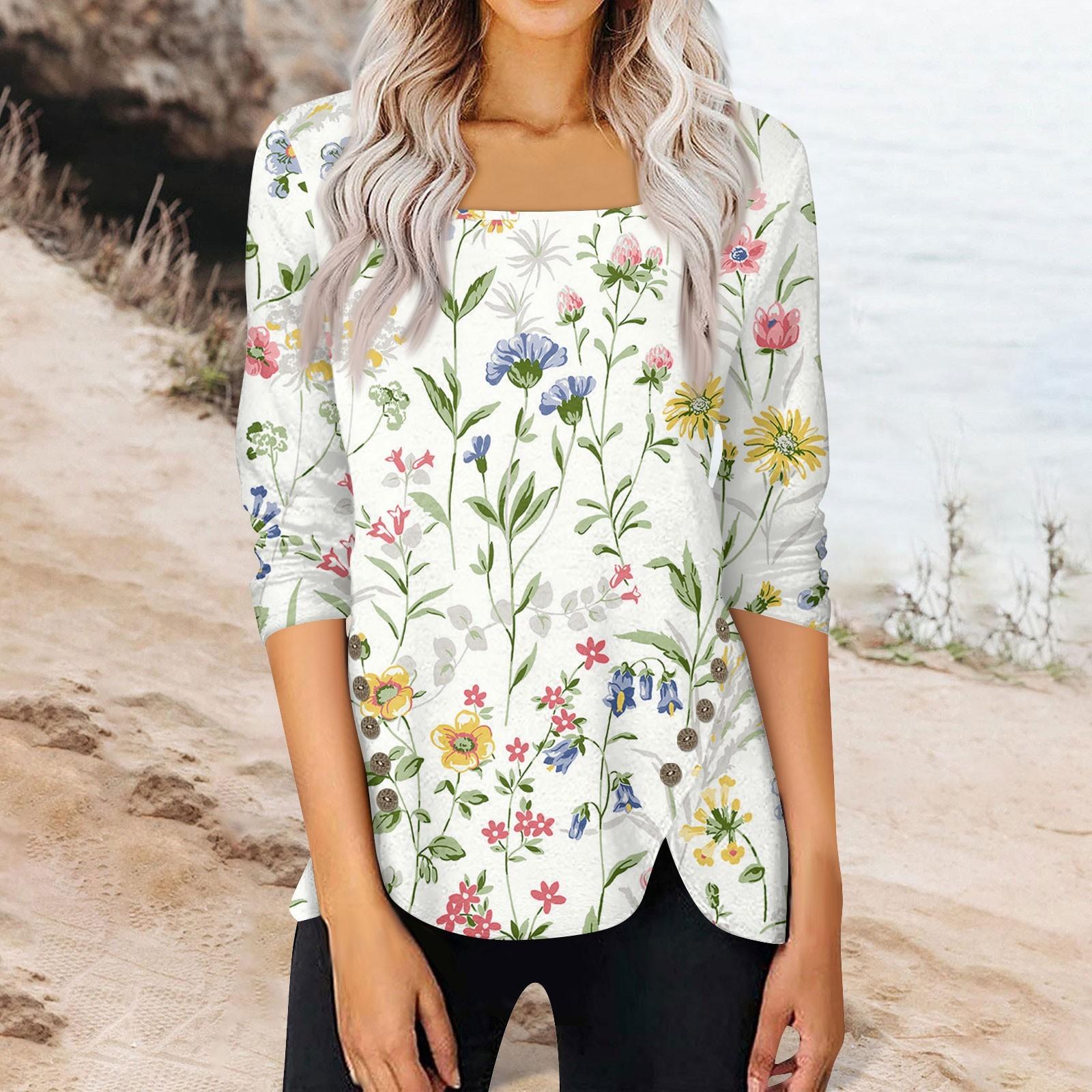 

Женский топ, свободная повседневная футболка с квадратным вырезом и пуговицами, рукав три четверти, топ L