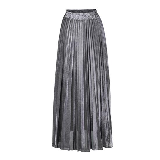 Women Maxi Skirt Elastic High Waist Pleated Golden Long Skirt Slimming Design Spring Summer Skirt Work Leisure Travel Wear