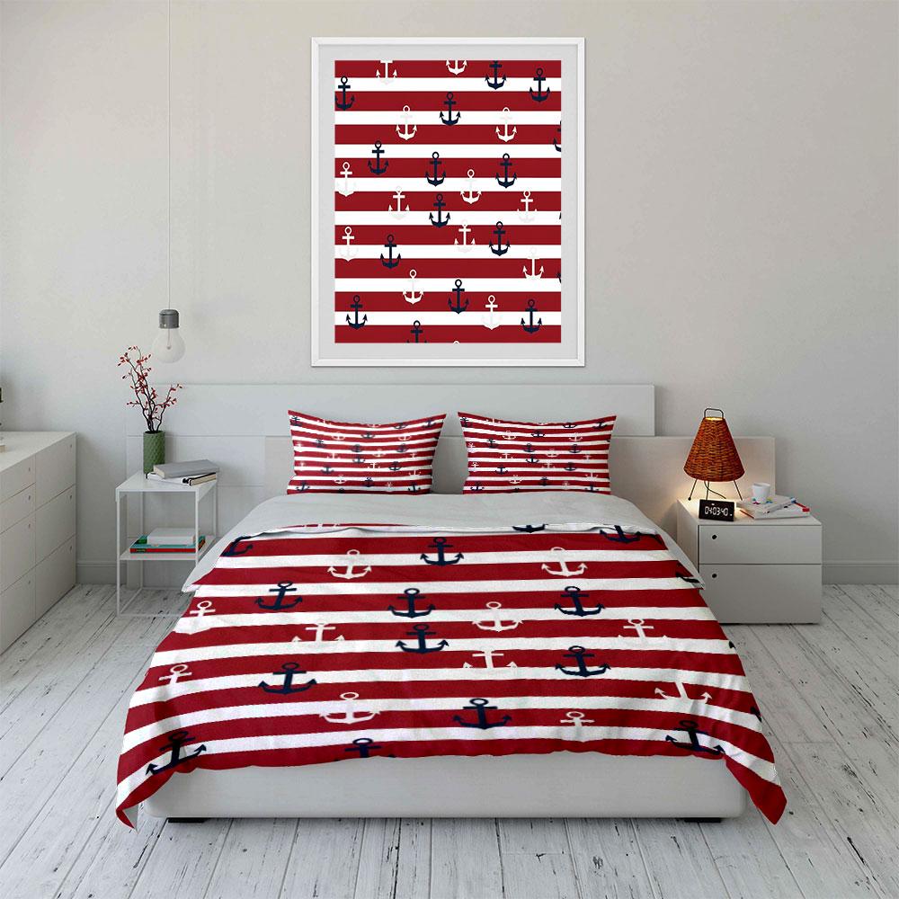 Nautical Anchor Striped Decor Set Bedding Set with 1 Duvet Cover 2 Pillowcases Single Double King Queen Gift