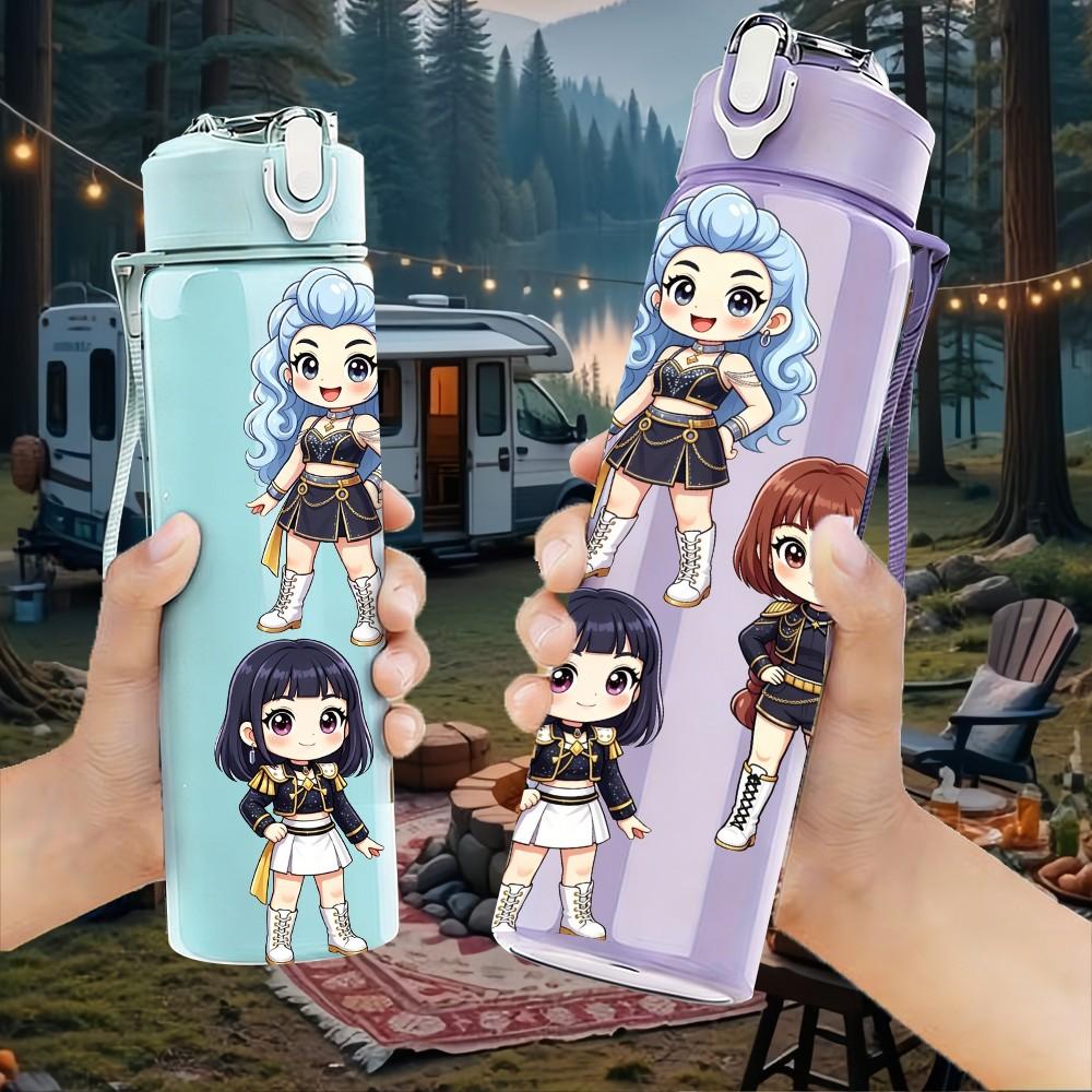 1PC Two Chibi Girl Character Duo 750ml Color Plastic Sports Water Bottle Leakproof Flip Straw Lid For Sports Office Home Use