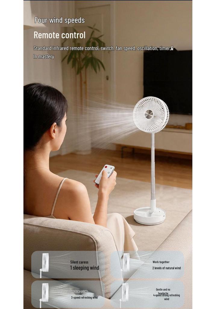 8-Inch Portable Folding Fan with Timer, Telescopic Swivel Head, USB Charging, Remote Control, for Household or Bedside Use.